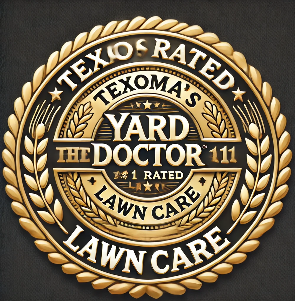 Gold seal badge for Yard Doctor featuring wheat embellishments, with text reading 'Texoma's #1 Rated Lawn Care' and 'Yard Doctor Lawn Care.